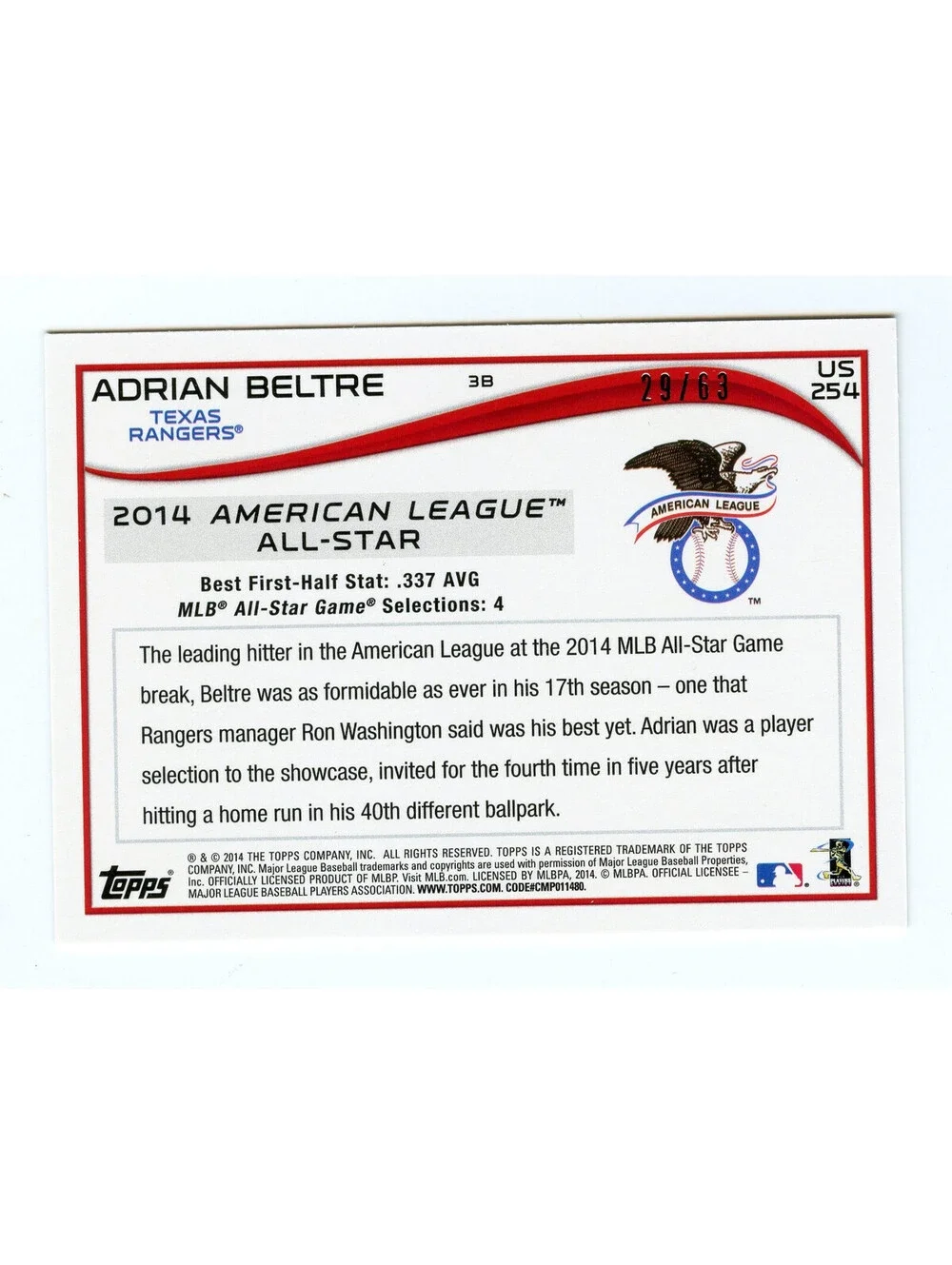 2014 Topps Update Series - All-Star Adrian Beltre #US-254 Black 29/63 Jersey #